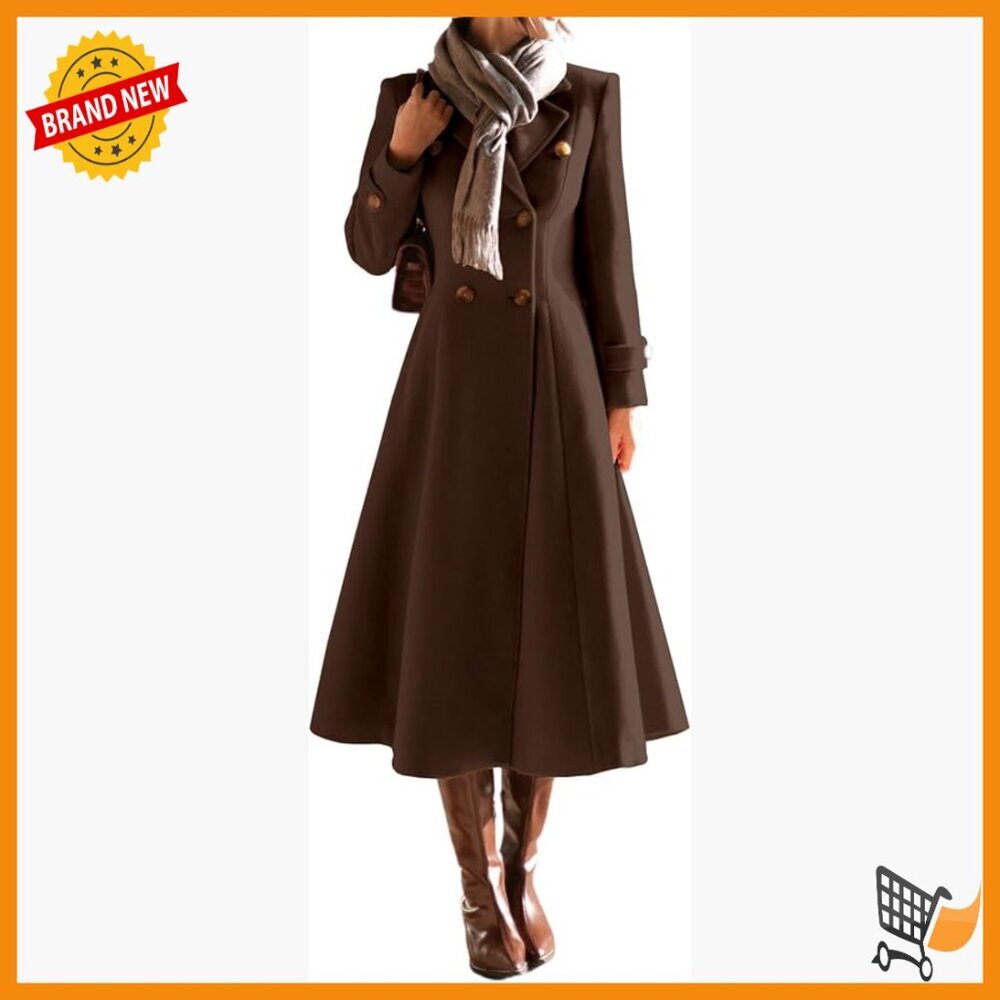Wool Blend Pea Coat Double Breasted Trench Below Knee Slim Fit